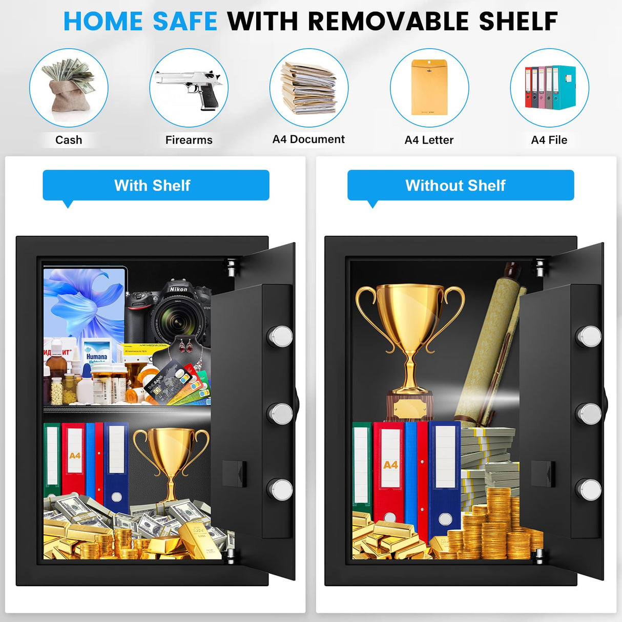 3.5 Cub Large Home Safe Fireproof Waterproof, Digital Fire proof Safe Box With Fireproof Bag, Combination Lock and Alarm Systerm, Anti-theft Safes for Home Files Ammo Pockrif