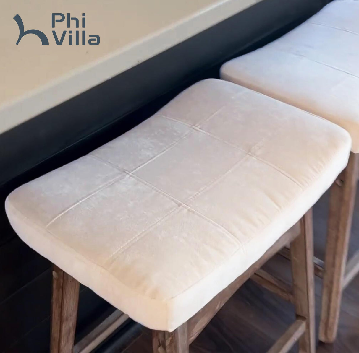 PHI VILLA Farmhouse Bar Stools Set of 2 - Wood Bartools with Upholstered Saddle Seat, 24 inch stools for Kitchen Counter Set of 2 PHI VILLA