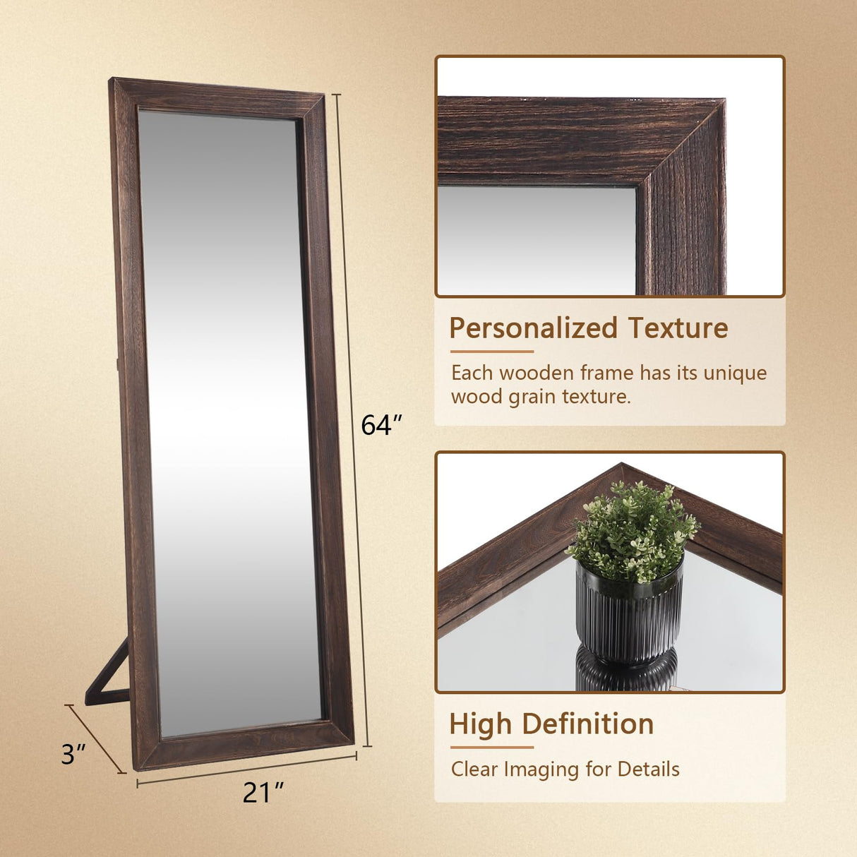 MirrMyst Rustic Farmhouse Full Length Mirror, 64"x21" Wood Frame Floor Mirror, Free Standing Mirror Leaning Wall Mirror Full Length, Full Body Mirror for Bedroom Living Room Cloakroom, Brown MirrMyst