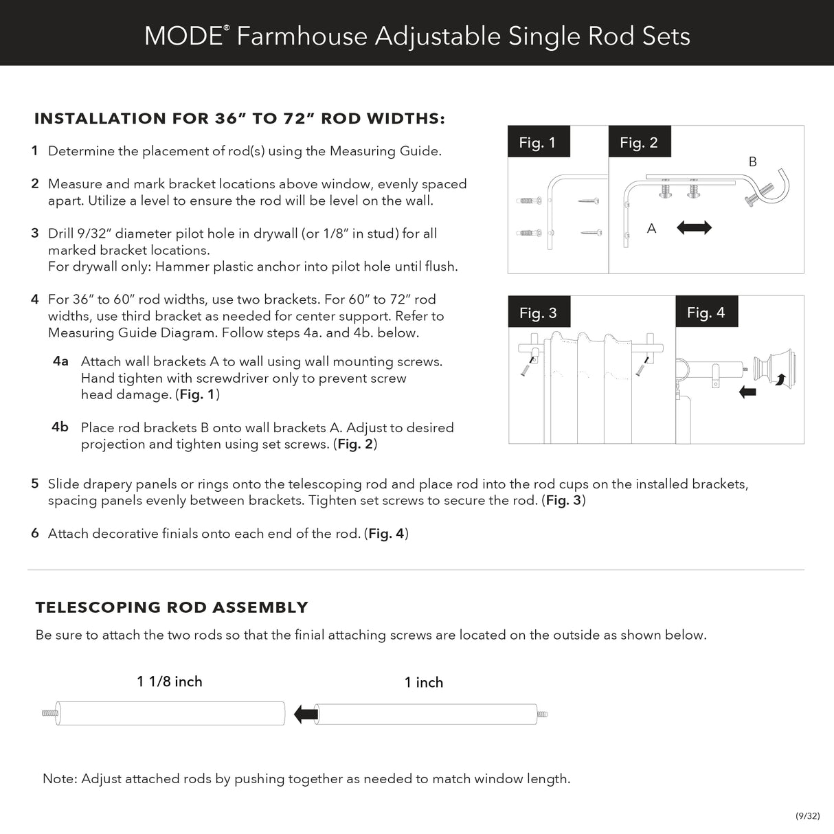 MODE Farmhouse Collection 1 1/8" Diameter Curtain Rod Set with Cottage Square Curtain Rod Finials and Steel Wall Mounted Adjustable Curtain Rod, Fits 36” to 72” Windows, Weathered Oak MODE