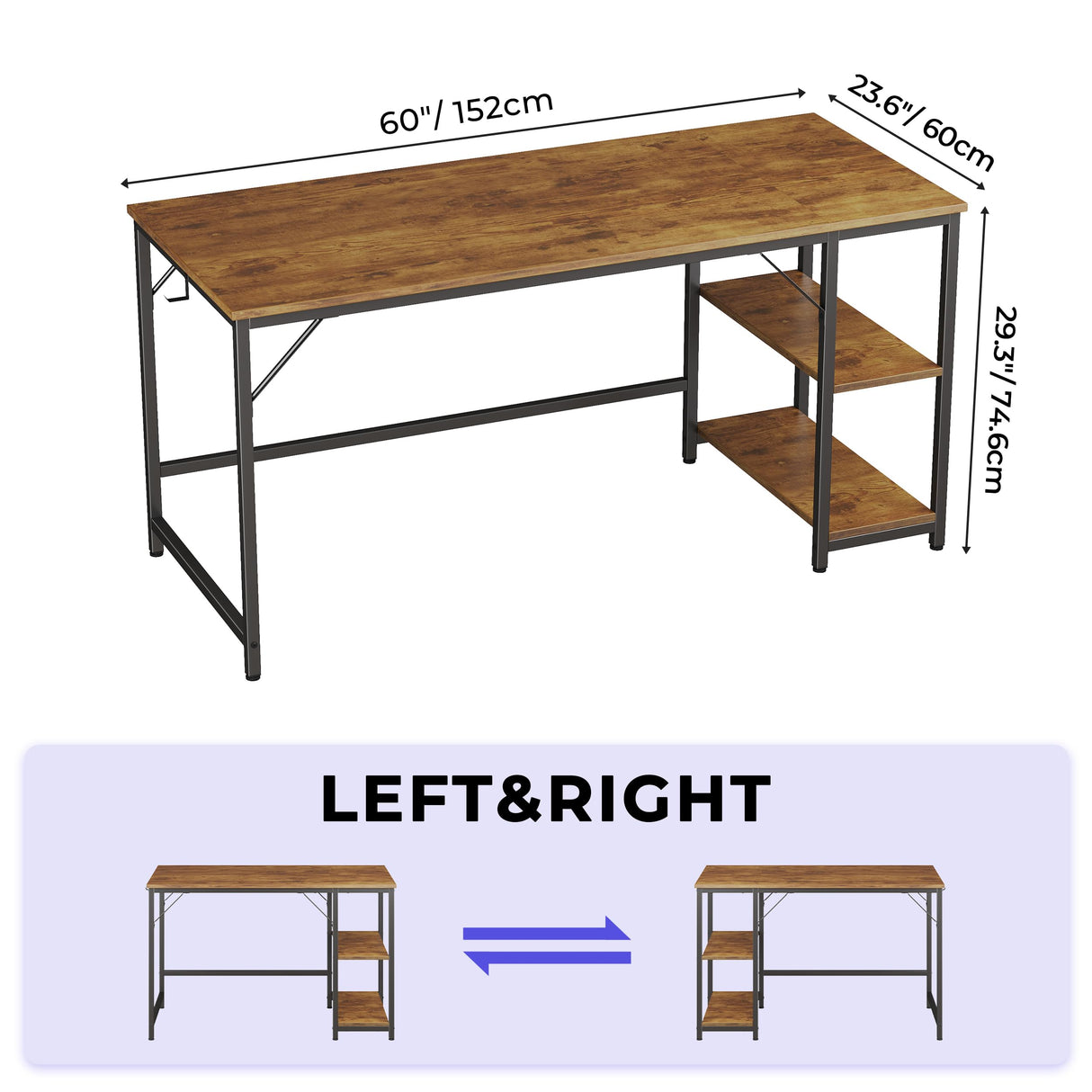 JOISCOPE Home Office Computer Desk with Wooden Storage Shelf, Office Desk and Gaming Table with Splice Board, 2-Tier Industrial Morden Laptop Study Writing Desk, 60 x 24 inches (Vintage Oak) JOISCOPE