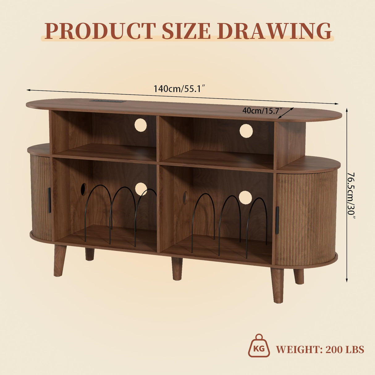 Large Walnut Record Player Stand with Charging Station, Mid-Century Turntable Stand Table, Vinyl Record Player Storage Cabinet for Bedroom, Living Room, Office Athuiline