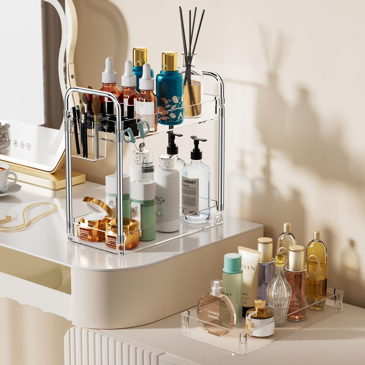 SPACEKEEPER 3 Tier Acrylic Storage Rolling Cart Clear Bathroom Cart Organizer, Transparency Laundry Room Organization Mobile Shelving Unit Multifunction Rolling Utility Cart for Office Living Room SPACEKEEPER