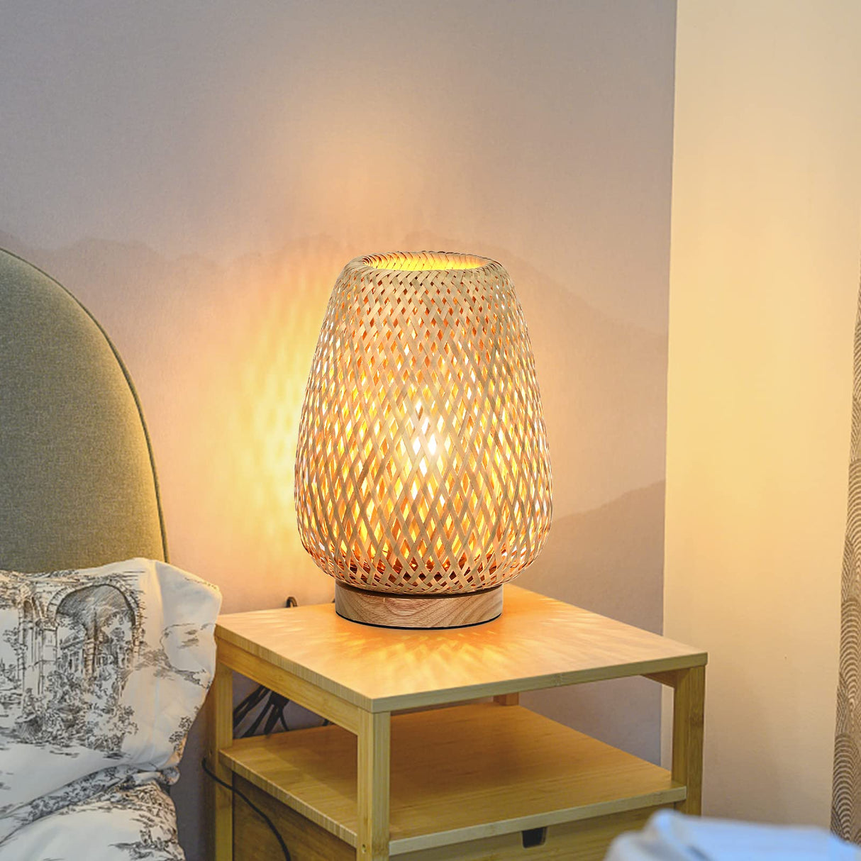 Rattan Table Lamp, Stepless Dimmable Small Beside Lamp, Vintage Wicker Wooden Nightstand Lamp, Boho Bamboo Woven End Table Lamp for Bedroom Living Room Desk Kids Room, 2700K T45 LED Bulb Included Brightever