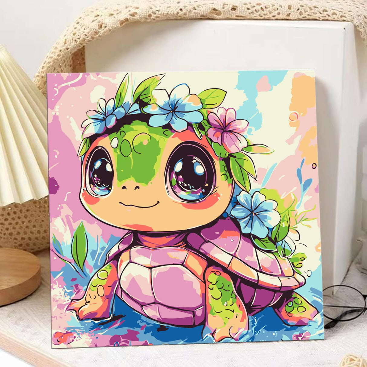 hkejoi Turtle Paint by Numbers Kit for Kids Age 8-12, Turtle Paint by Numbers Framed Flowers Paint by Number with Frame, Framed Paint by Number Kits on Canvas with Box 9.84x9.84 inch hkejoi