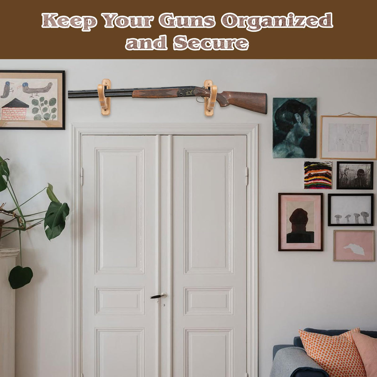 SCUNDA Wall Mount Gun Rack, Gun Rack for Wall, Wood Gun Rack for Shotguns, Rifles, Indoor Gun Wall Hanger for Home Office Storage Display, 2 Pack (Light Brown) SCUNDA