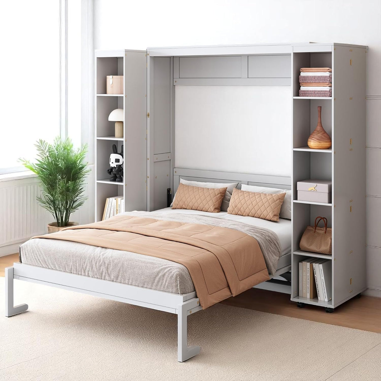 Foldable Hidden Queen Murphy Bed Cabinet with Storage Bookshelf Bookcase, Wood White Murphy Wall Bed with Storage Shelves for Adults (White) MERITLINE