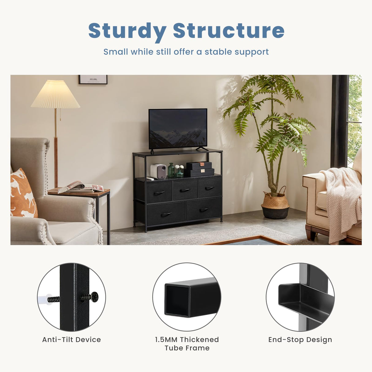 DUMOS TV Stand Dresser for Bedroom Entertainment Center with 5 Fabric Drawers Storage Organizers Units, Media Console Table with Open Shelf up for 45" Television for Living Room, Dorm, Classic Black DUMOS
