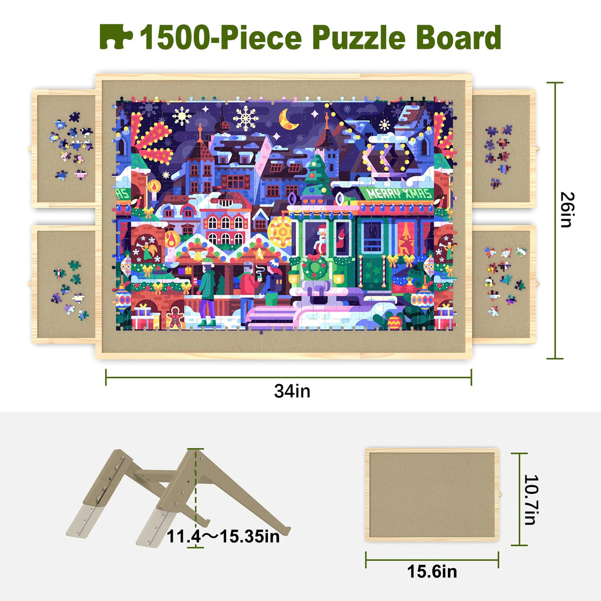 Jigsaw Puzzle Board 1500 Pieces, 2-in-1 Tilting and Rotating Puzzle Board with Drawers and Cover, Wooden Portable Puzzle Board for Adults, Board Game Table for All Ages