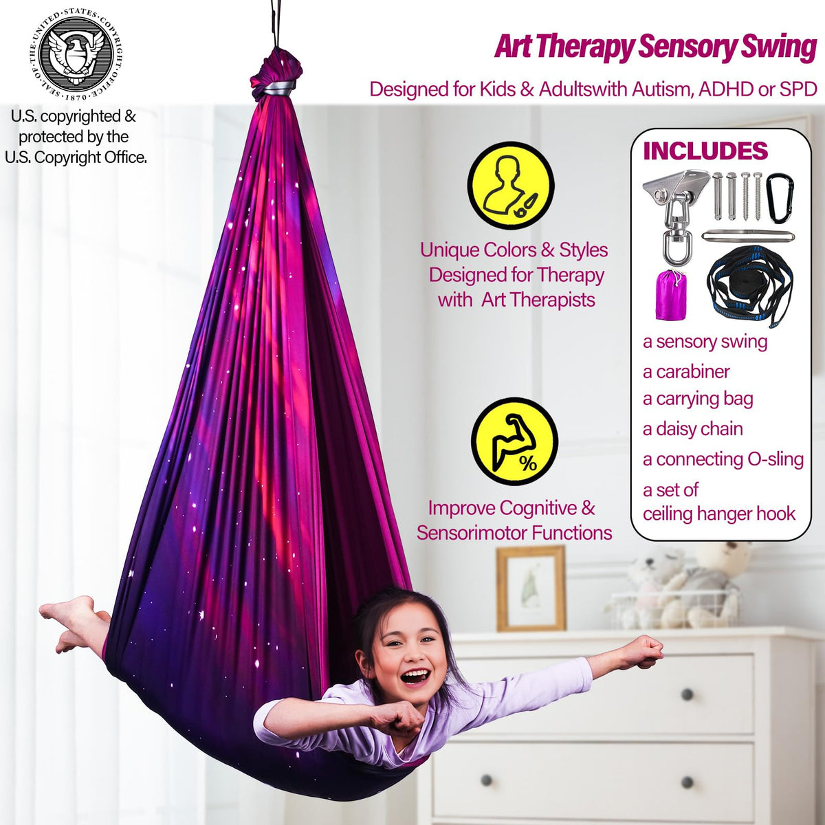 Sensory Swing for Kids & Adults Holds up to 300lbs Indoor & Outdoor Double Layer Therapy Cuddle Swing with 360° Swivel Hanger Kit for Calming, Effect for Autism, ADHD or SPD. (Galaxy Purple) Yatoco