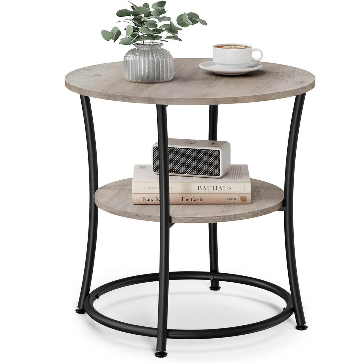 VASAGLE Side Table, Round End Table with 2 Storage Shelves for Living Room, Bedroom, Nightstand with Steel Frame for Small Spaces, Accent Coffee Table, Greige and Ink Black VASAGLE