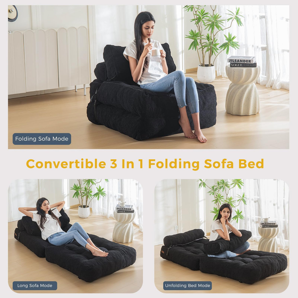 MAXYOYO Folding Sofa Bed, Convertible Sleeper Chair with Pillow Foldable Mattress with Back Support, Portable Fold Out Sofa Couch Fuzzy Fabric Comfy Floor Sofa Lounge for Living Room Apartment, Black MAXYOYO