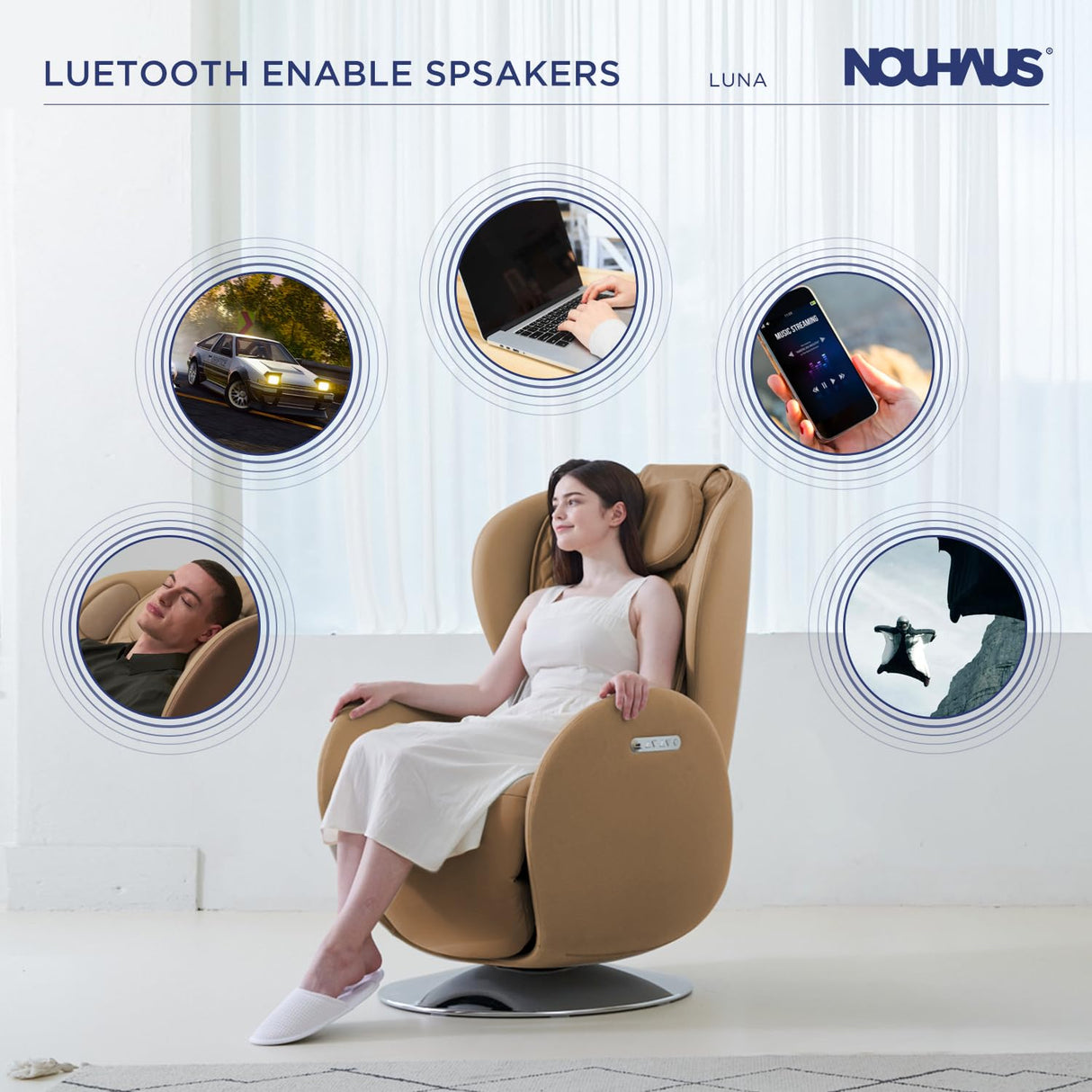 Nouhaus Luna Heated Massage Chair,Full Body Massaging Zero-Gravity Leisure Recliner with Low-Noise 3D Massage and Dual Sound Systems Modern Massage Chairs (Dark Caramel) Nouhaus