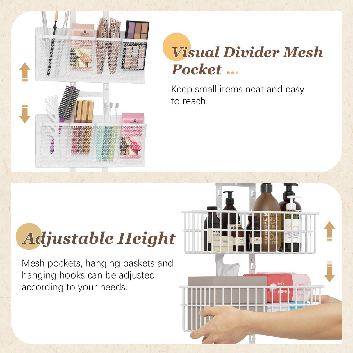 Hongtamoya Adjustable Over The Door Organizer - Hair Dryer Holder, Hanging Door Organizer with 8 Pockets 3 Metal Baskets 6 Hook, Behind Door Organizers and Storage for Bathroom Closet Cabinet Bedroom Hongtamoya