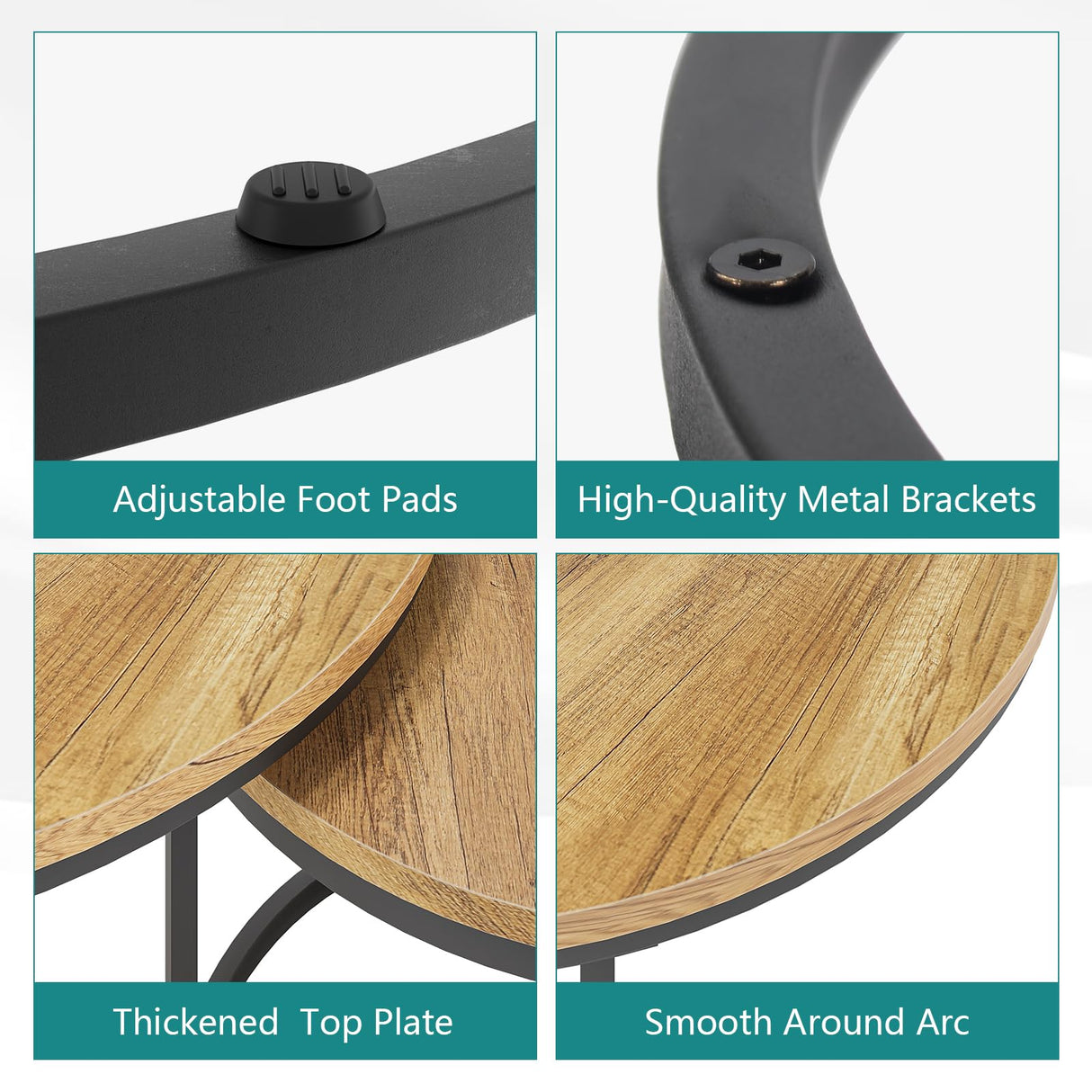 Smuxee Nesting Coffee Table Set of 2, 27.6" Round Coffee Table Wood Grain Top with Adjustable Non-Slip Feet, Industrial End Table Side Tables for Living Room Bedroom Balcony Yard Smuxee