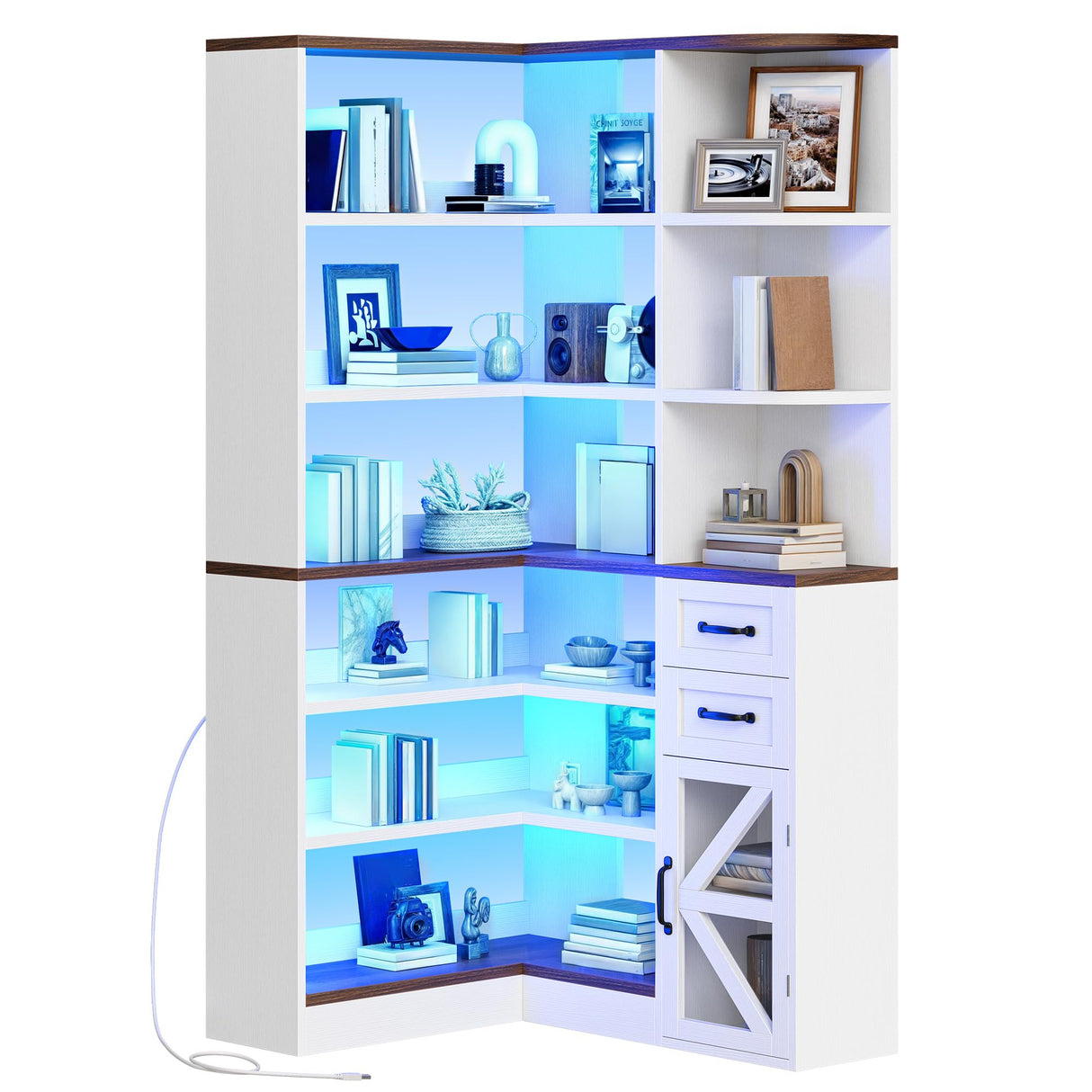YITAHOME Corner Bookshelf with Storage, Farmhouse 6-Tier Bookshelf with Drawers and Cabinets, L-Shaped Bookcase LED Lights Corner Display Shelf for Home Office, Living Room, Bedroom YITAHOME