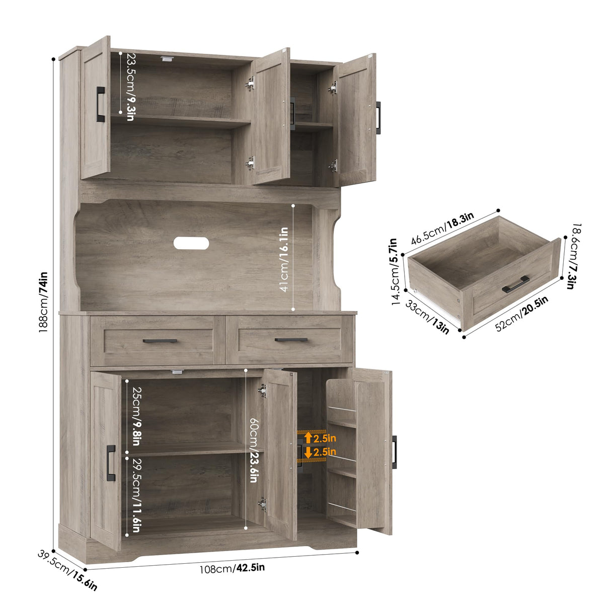 FACBOTALL Tall Kitchen Pantry Cabinet, Kitchen Cabinets with Countertop, Farmhouse Kitchen Pantry Storage Cabinet with Doors and Adjustable Shelves, Kitchen Hutch for Kitchen,Wash Gray FACBOTALL