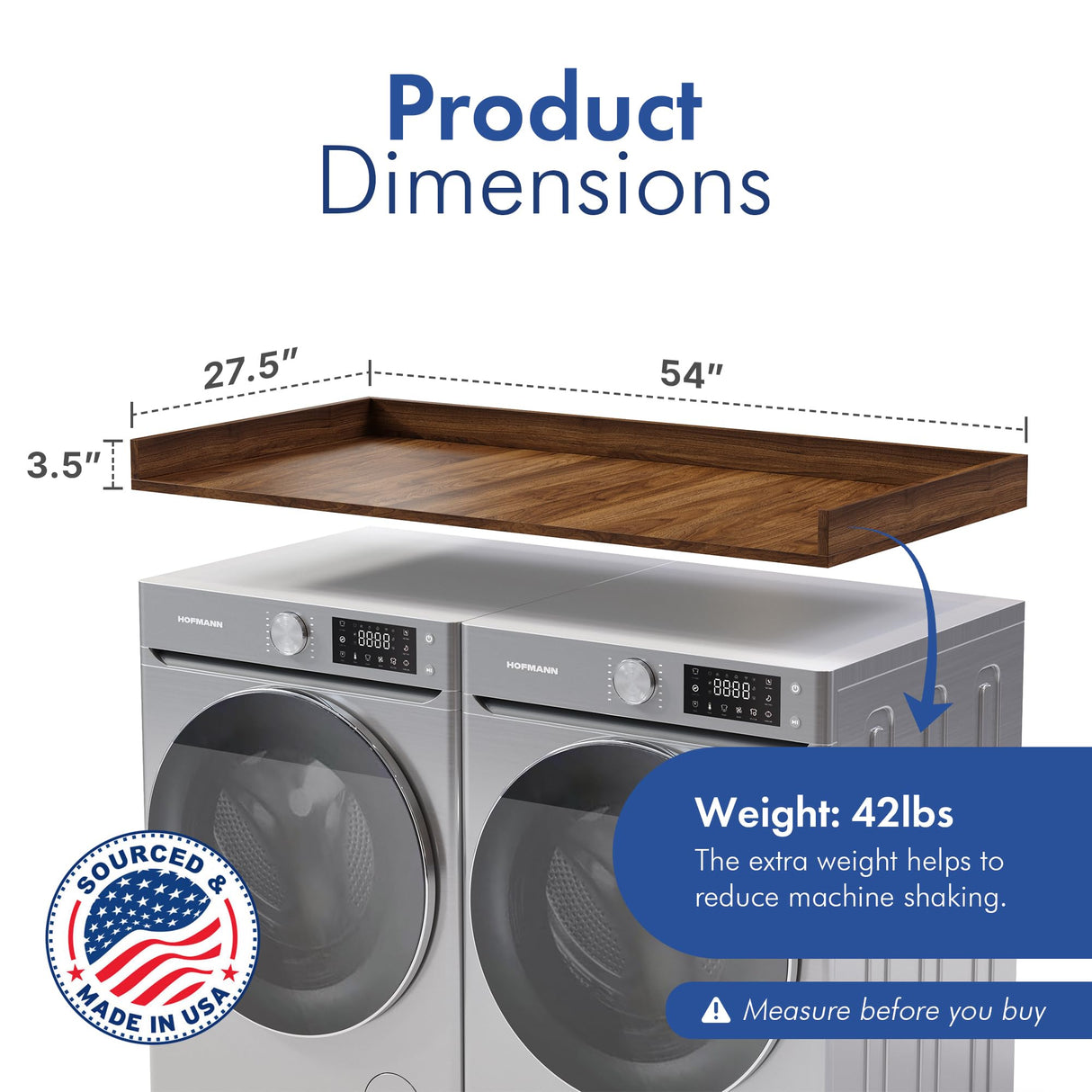 OfficeSimpli Washer Dryer Countertop, Made in USA, Non-Slip Pads, Laundry Room Wood Topper, Washer Dryer Cover for Top, Laundry Guard, Laundry Countertop (California Walnut, Standard (27.5" x 54")) OfficeSimpliUS