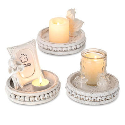 Hanobe Wood Plate Candle Holder: Small Candle Plate Set of 3 Decorative White Washed Beaded Candle Tray Round Candle Stick Holders Farmhouse Table Centerpiece for Fireplace Dining Room Home Decor