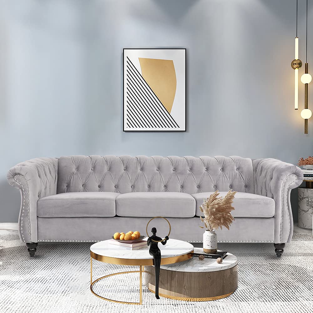 PHOYAL Large Sofa, Velvet Sofa Three-seat Sofa Classic Tufted Chesterfield Settee Couch Modern 3 Seater Couch Furniture Tufted Back for Living Room (Grey) PHOYAL