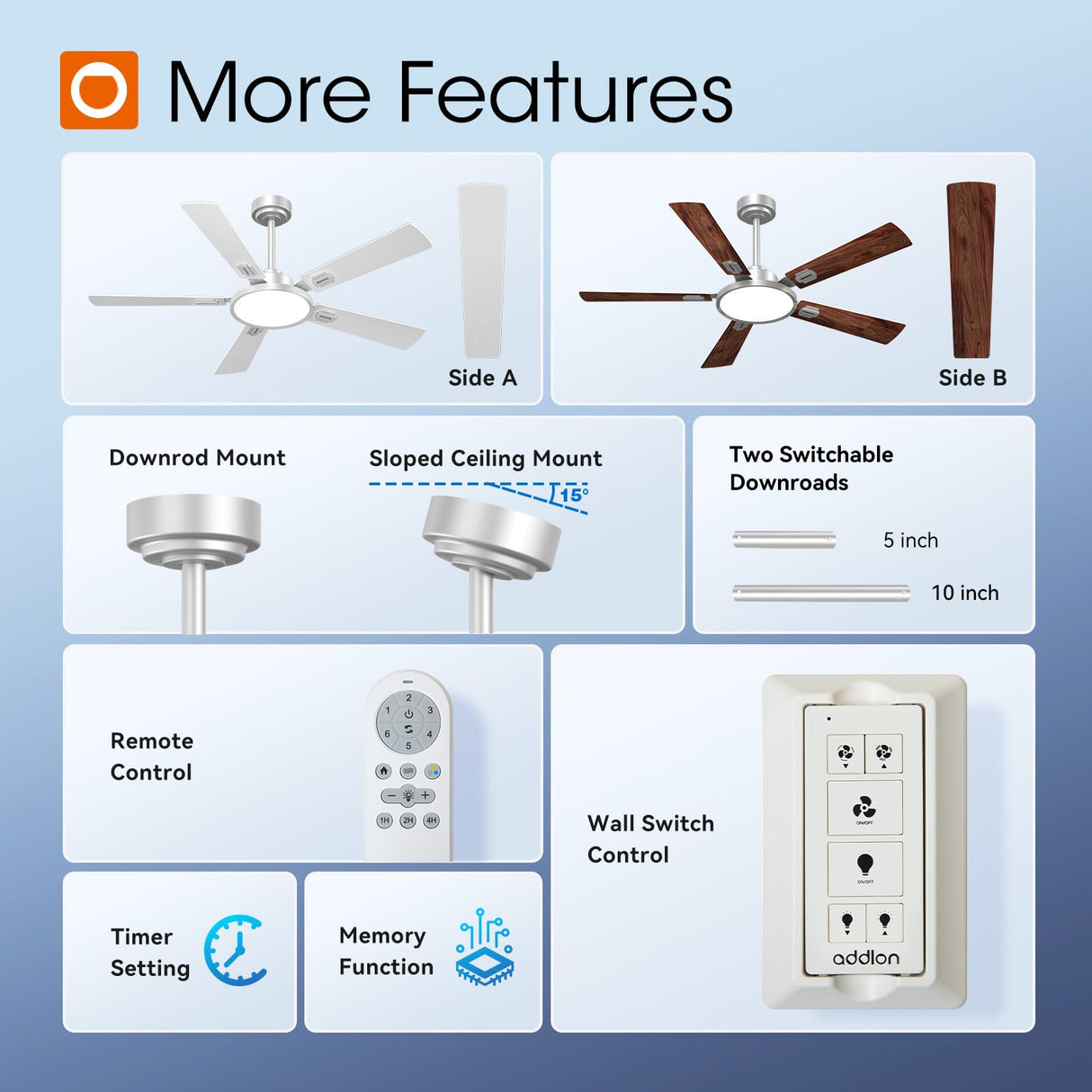 addlon Ceiling Fans with Lights, 52 inch Silver Ceiling fan with Light and Remote Control, Reversible, 3CCT, Dimmable, Noiseless, Ceiling Fan for Bedroom, Farmhouse, living room, Indoor/Outdoor Use addlon