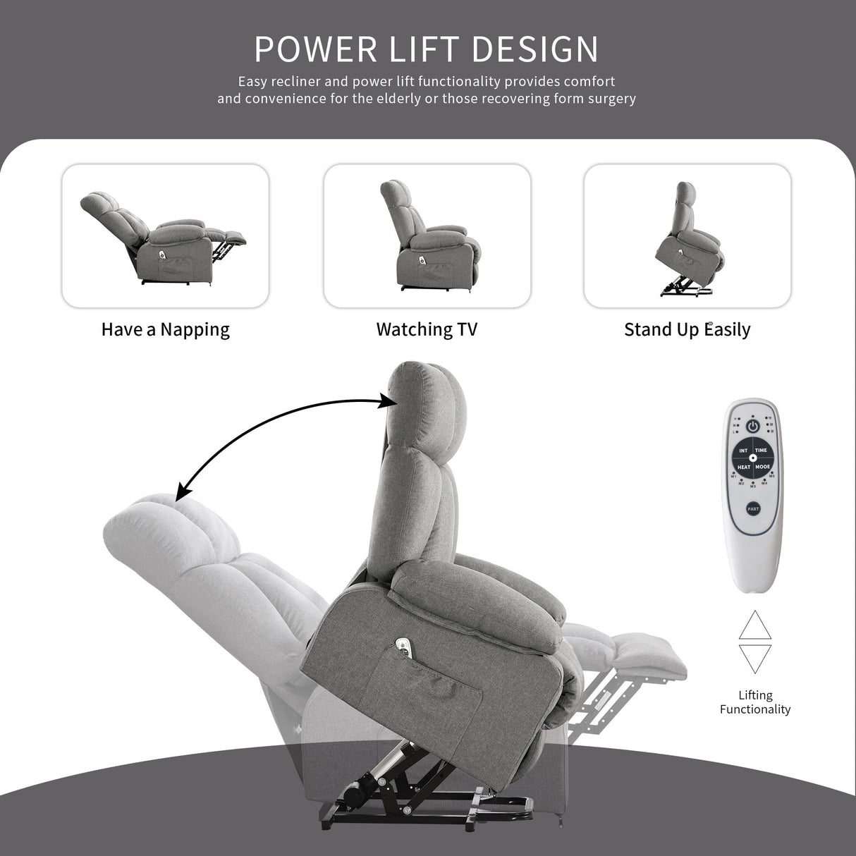 jonpony Power Lift Recliner Chair for Elderly, Lift Chair with Massage and Heat for Living Room, Fabric Electric Recliner Chairs with Side Pockets, USB Charge Port,Grey jonpony