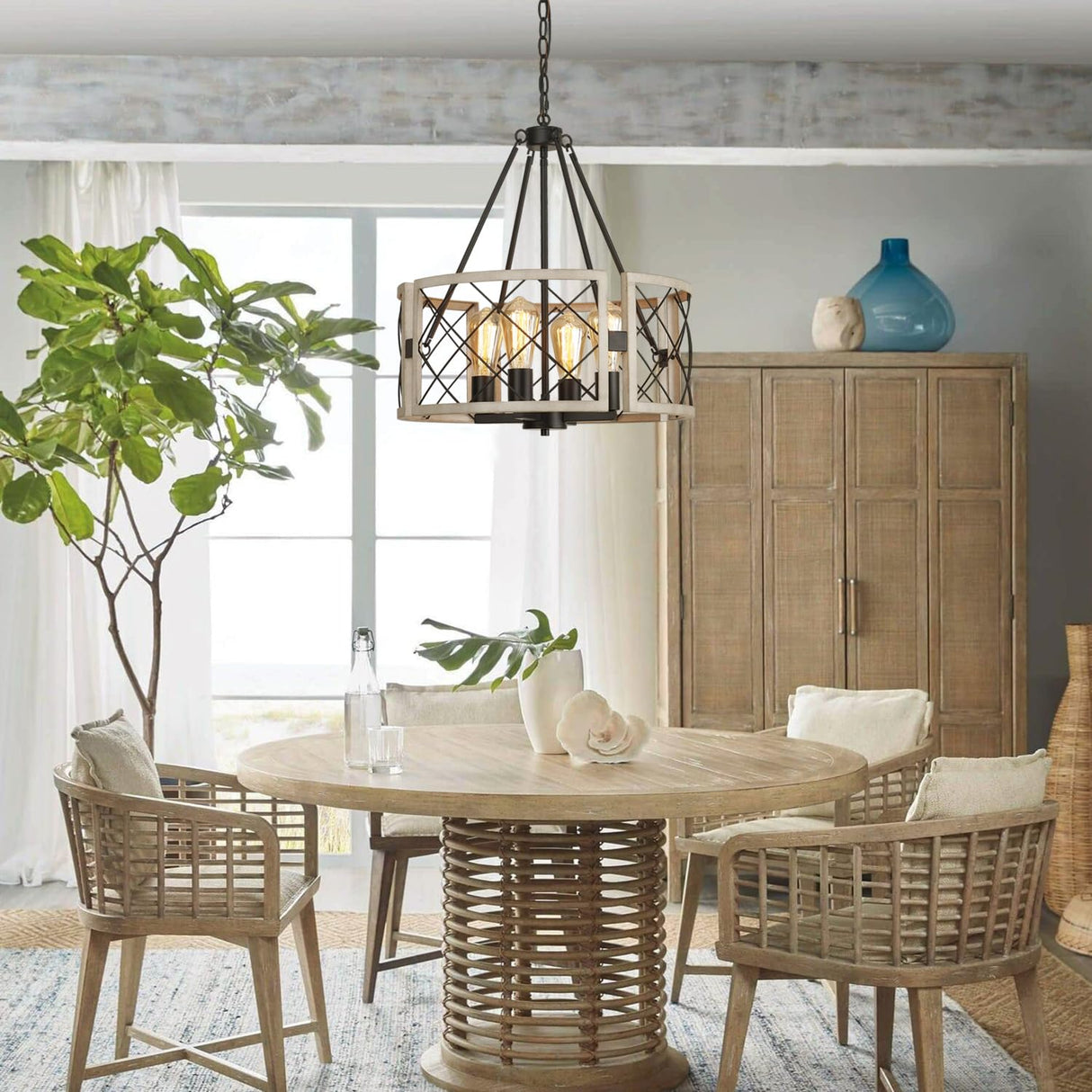 SANTOSTOCK D19'' Farmhouse Chandelier, 4-Light Adjustable Dining Room Light Fixture Kitchen Island Lighting, Rustic Hanging Lights for Entryway Foyer Bedroom Living Room, Black & White Oak SANTOSTOCK