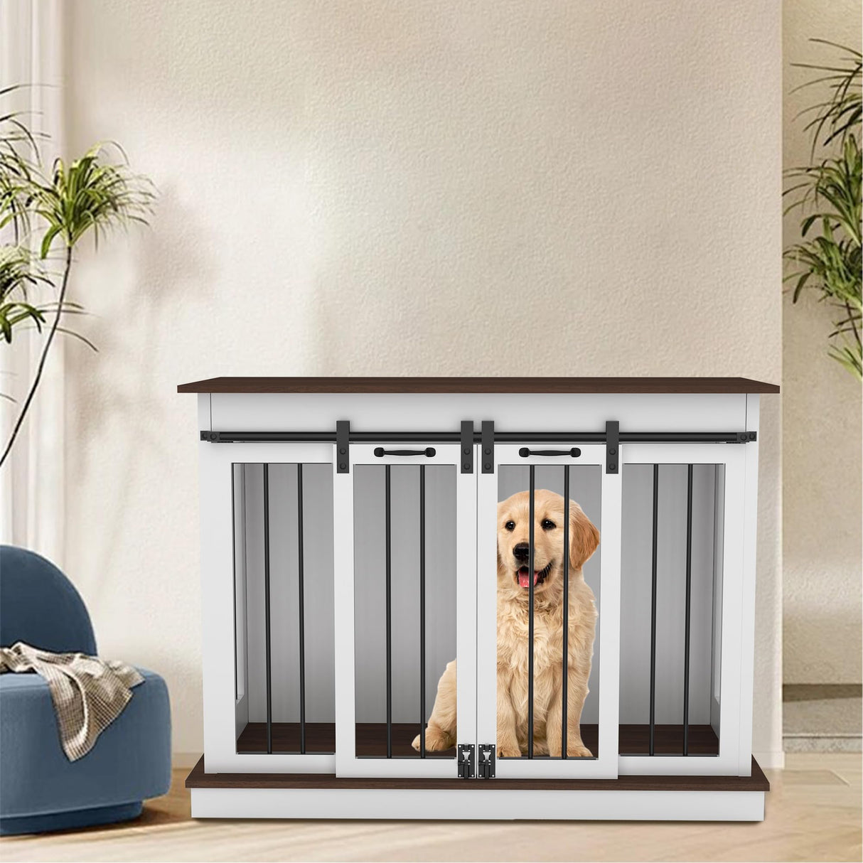 BTDWI Dog Crate Indoor Furniture, 47.2'' Dog Kennel with 2 Sliding Doors, Heavy Duty Wooden Dog Cage for Large Medium Small Dogs, White BTDWI