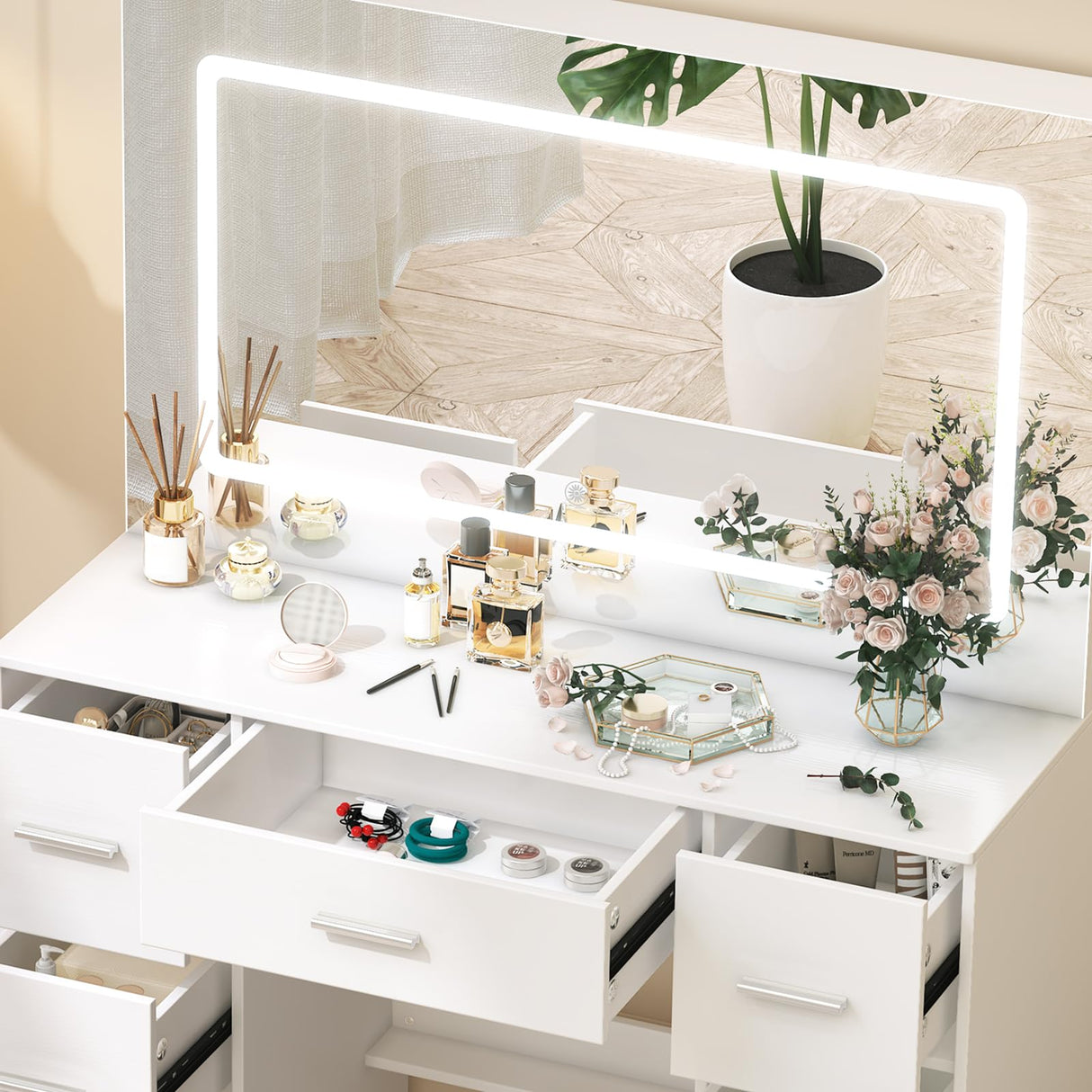 Vanity Desk with Mirror and LED Lights, 40" W Makeup Vanity Desk with 7 Drawers and Super Large Mirror, Derssing Table with 3 Color Modes and Adjustable Brightness, Modern Makeup Table Koestem