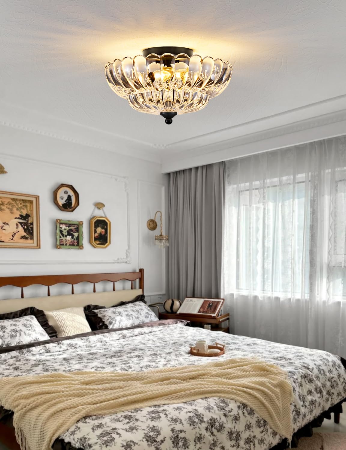 Semi Flush Mount Ceiling Light, Crystal Glass Ceiling Light Fixture, 3-Bulb Modern Black Close to Ceiling Light, Vintage Glass Ceiling Lights for Bedroom Kitchen Living Room, Bulb Not Included SIJINCHEN