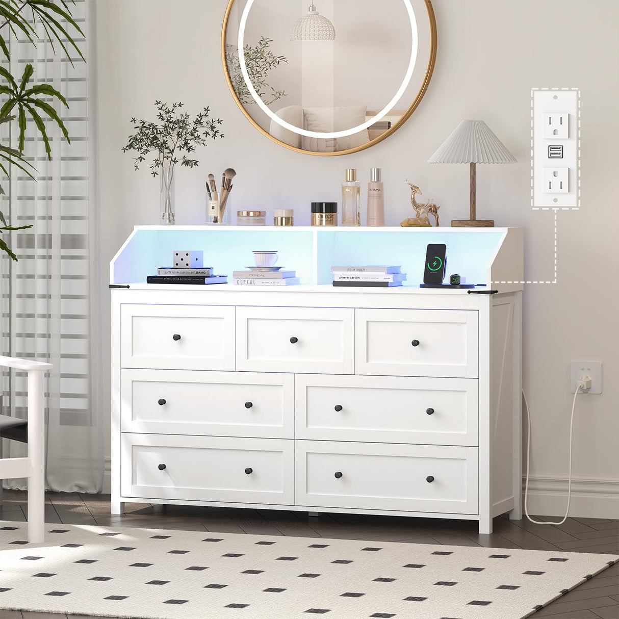Wodeer Dresser for Bedroom with Power Strip & LED Light,7-Drawer Dresser & Chest of Drawers with Deep Drawers, Wood Double Dresser Storage Cabinet for Bedroom,Living Room, Hallway,White Wodeer