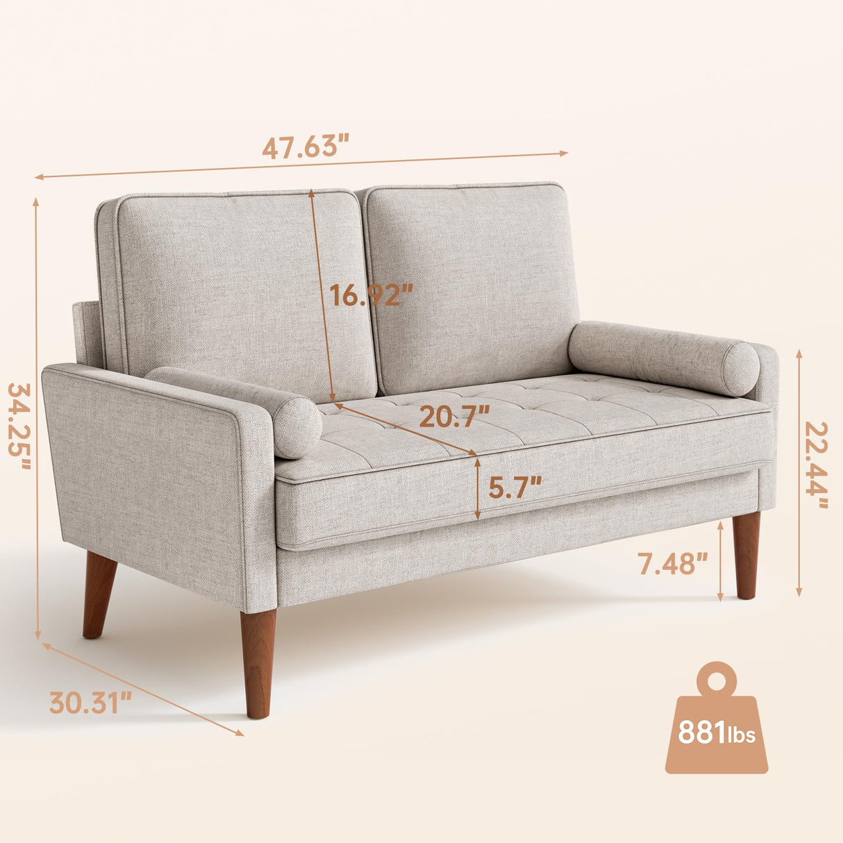 Vesgantti Loveseat Sofa, 48" Small Sofa Couch Mid Century Modern Couch for Small Spaces, Bedroom and Living Room, Removable Sofa Cover Spring Cushions and Solid Wood Frame, Easy to Install, Ashbeige Vesgantti