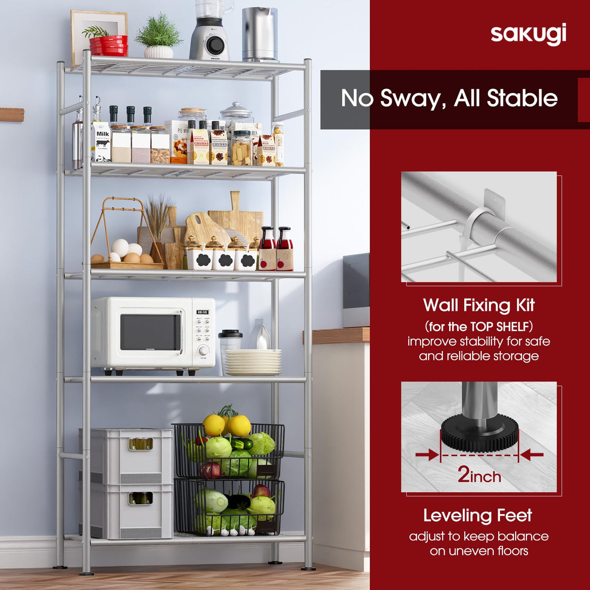 Sakugi Storage Shelves - 5 Tier Shelf Organizer, Heavy Duty Garage Shelving Unit with Leveling Feet, Stable Metal Shelves Organizer for Pantry, Kitchen and Closet, 33.0" W x 12.6" D x 72.0" H, Silver Sakugi
