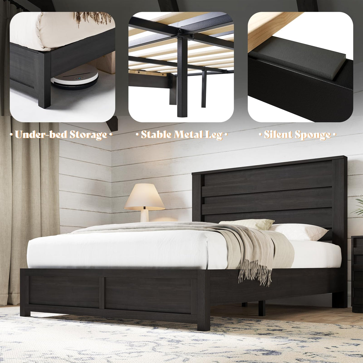 AMERLIFE Farmhouse Queen Size Bed Frame with 49" Tall Headboard, Platform Bed with Natural Wood Grain, No Box Spring Needed/Noise Free, Black AMERLIFE