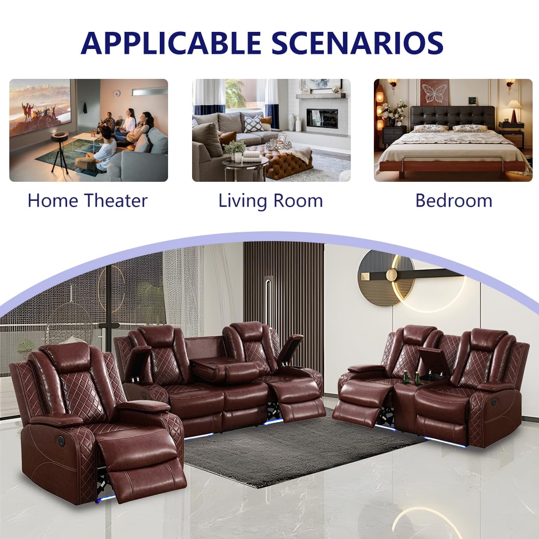 Anthato Leather Power Recliner Sofa Set, 2 Piece Reclining Sofa and Loveseat Set, Reclining Loveseat Couch Recliner Sets with Coffee Table, Living Room Furniture for House/Home Theater, Burgundy Red Anthato