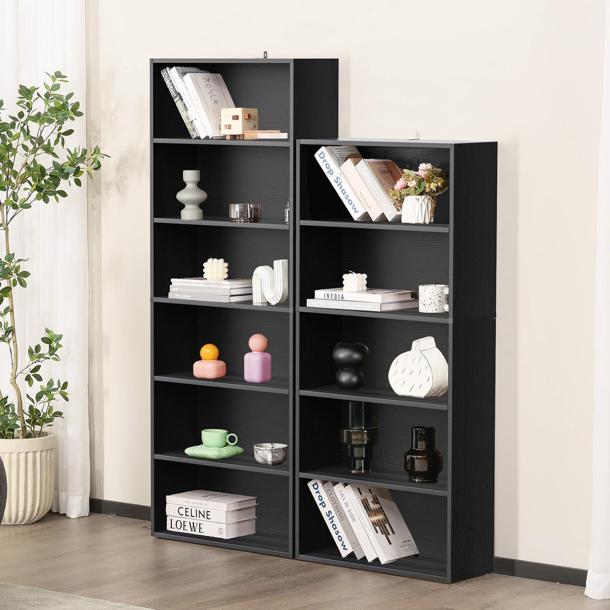 Sweetcrispy Industrial 6 Shelf Bookcase - Large 63 Inch Tall Floor Standing Open Bookshelf with Anti-Tipping Device for Home Office, Living Room, and Bedroom Storage, Black Sweetcrispy