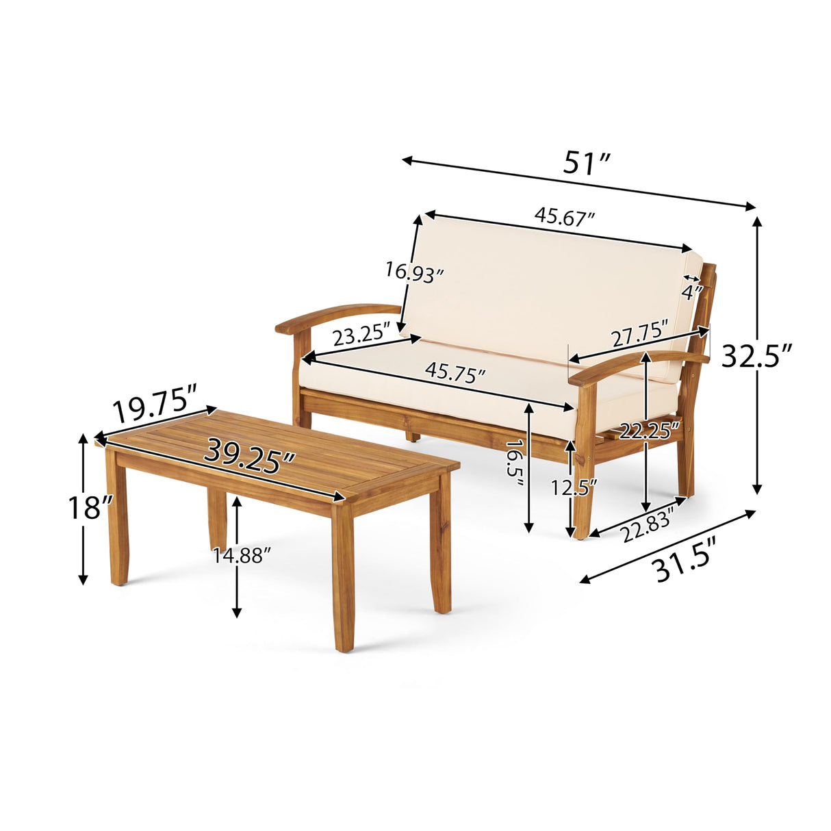Christopher Knight Home Peyton Outdoor Acacia Wood Loveseat and Coffee Table Set with Water Resistant Cushions, Teak Finish / Beige Christopher Knight Home
