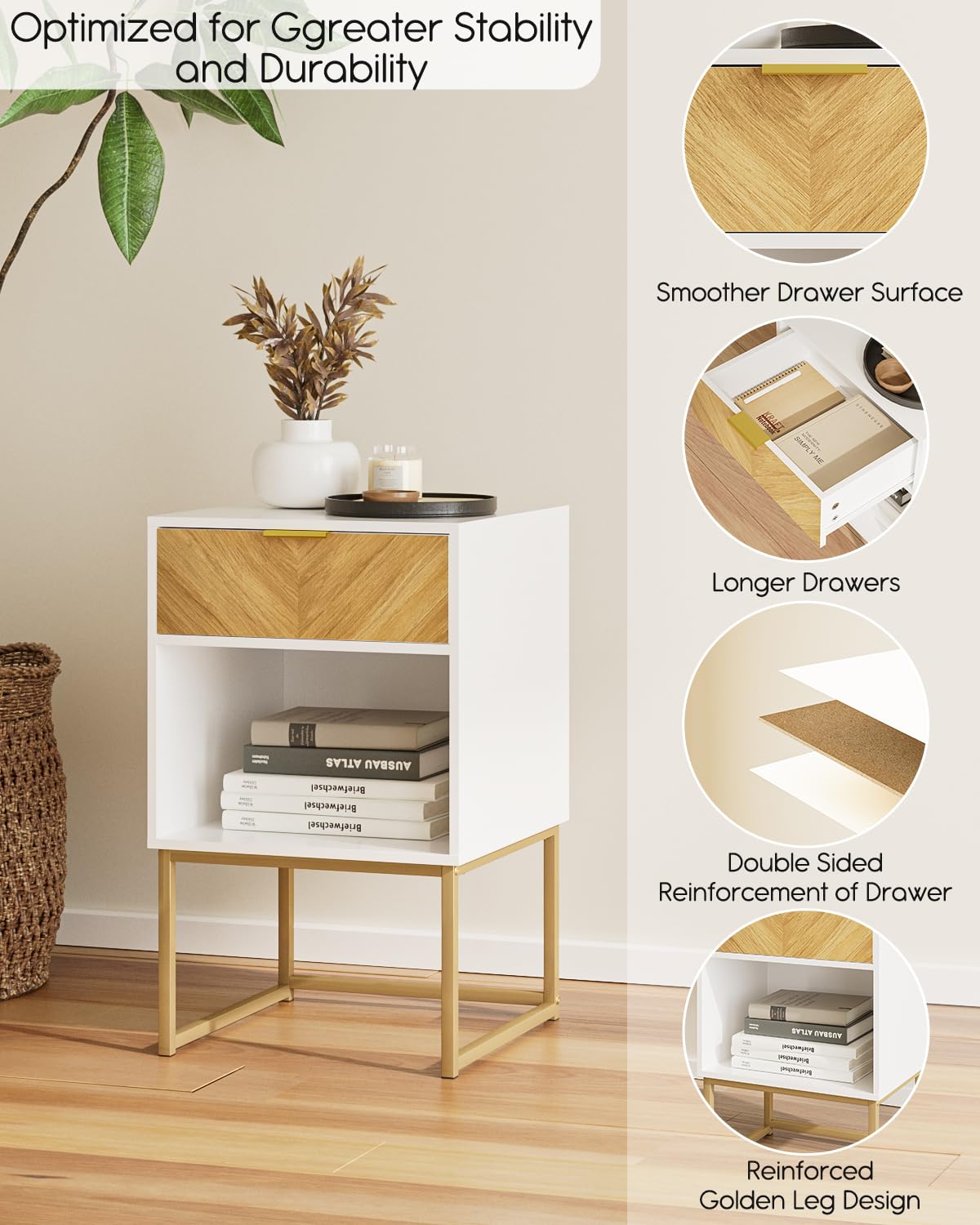 Masupu Night Stand,Boho Nightstand Minimalistic Nightstands Modern Wood Bedside Table with Storage Drawer and Open Shelf,Side End Table for Bedroom,Living Room,Office White Masupu