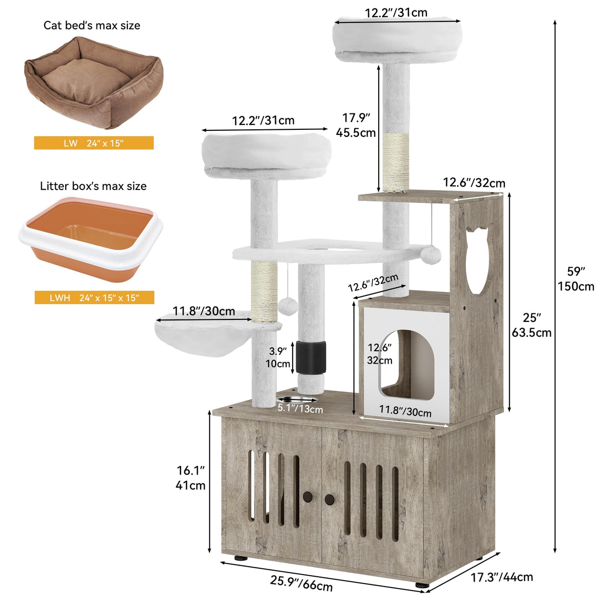 YITAHOME 59 Inch Cat Tree with Litter Box Enclosure, 2-in-1 Cat Furniture Condo, Indoor Cat Tower with Wood House, Perch, Feeding Station, Hammocks, Scratch Post, Hair Brush, Gray YITAHOME
