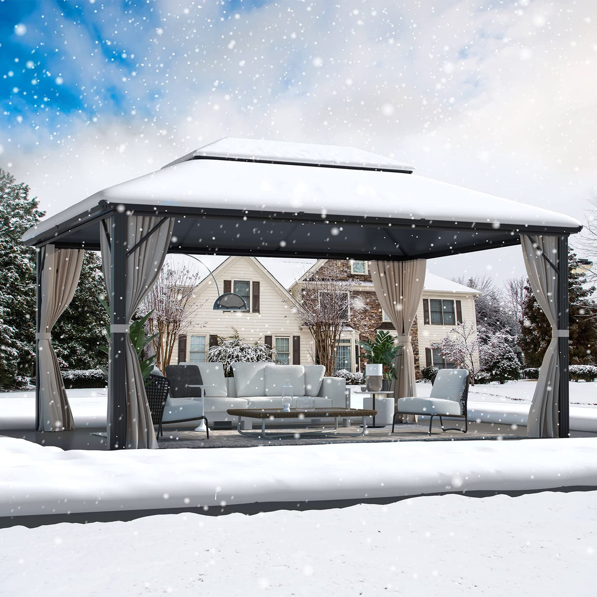 MELLCOM 12 x 16ft Hardtop Gazebo, Polycarbonate Double Roof Aluminum Gazebo, Outdoor Waterproof Canopy Gazebo with Netting and Curtains for Garden, Deck, Lawns MELLCOM