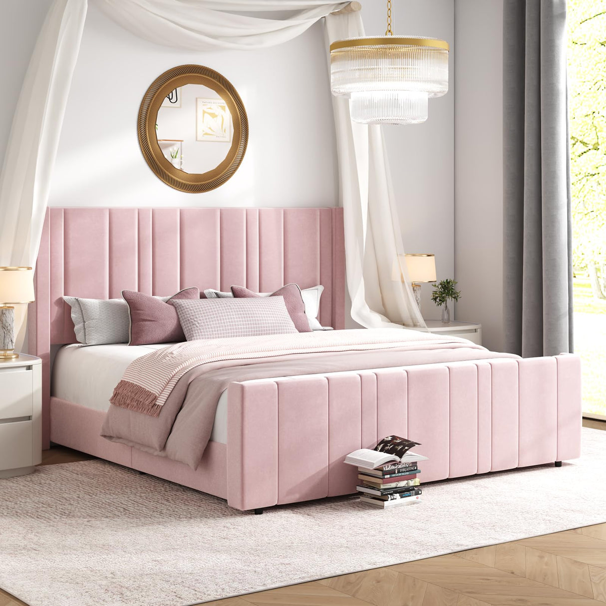 HOMBCK King Size Bed Frame, Soft Upholstered Bed Frame with Vertical Channel Tufted Headboard, Soft Bed Frame King, Tall Footboard, Noise Free, No Box Spring Needed, Easy Assembly, Pink HOMBCK