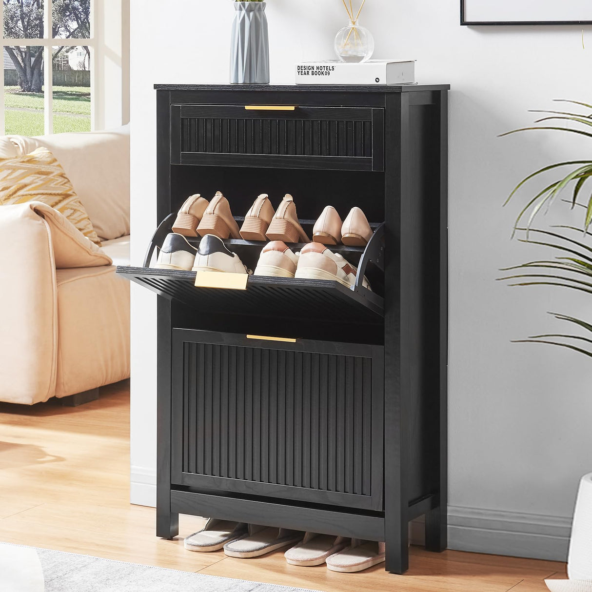 HUSHEDIFY 2 Flip Drawers Shoe Cabinet Storage for Entryway, Narrow Hidden Shoes Organizer for Front Door Entrance, Free Standing Shoes Cabinet Wooden Hallway Shoe Rack(Black) HUSHEDIFY