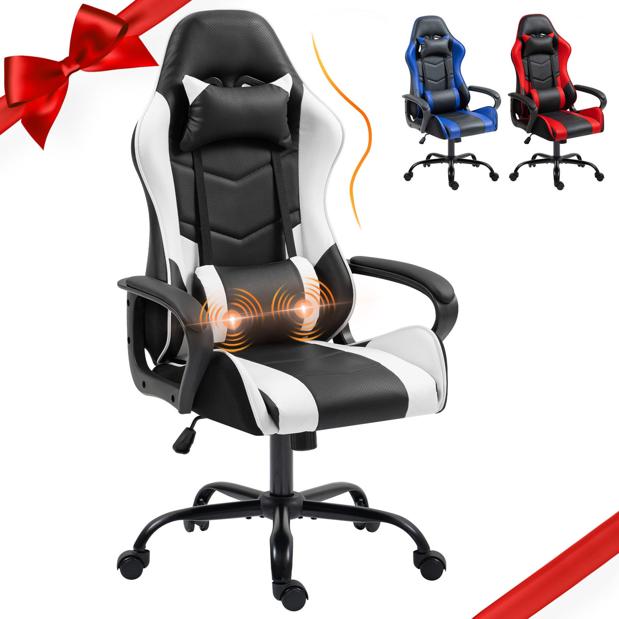 ECOTOUGE Gaming Chair, Ergonomic Computer Gamer Chair with Massage Lumbar Support & Rocking High Back, 360° Swivel Video Game Chair for Gaming or Office, Height Adjustable (White) ECOTOUGE