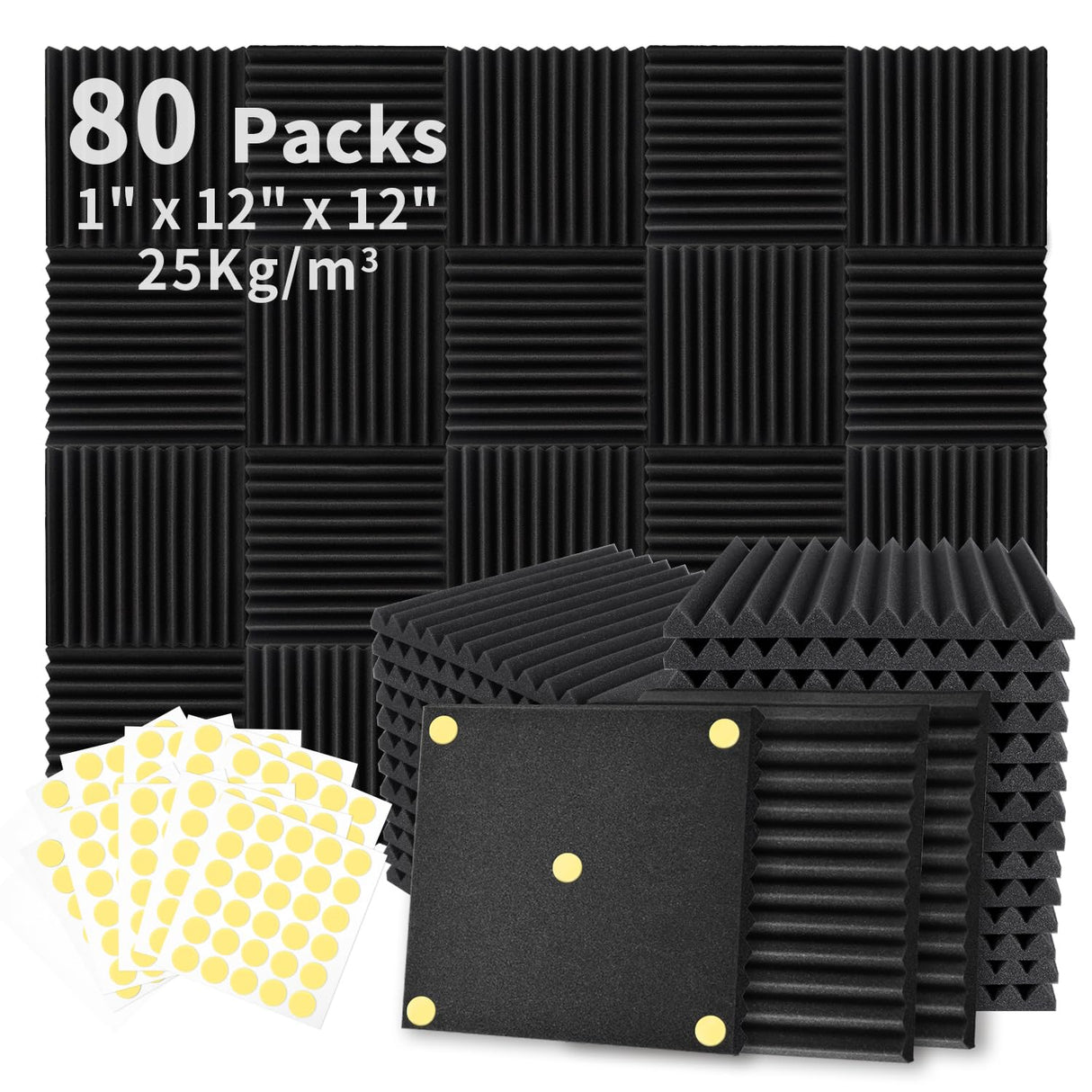 Focusound 80 Pack Acoustic Foam Panels 1" x 12" x 12" Sound Proof Foam Panles Soundproofing Noise Cancelling Wedge Panels for Home Office Recoding Studio with 420PCS Double-Side Adhesive Focusound