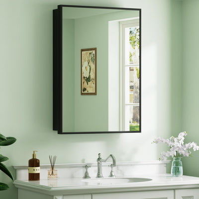 Buruis 14"x 24" Framed Medicine Cabinet with Mirror, Recessed or Wall Mounted Bathroom Cabinet, Adjustable Tempered Glass Shelves, Left/Right Open Reversible, No Assembly Required, Black