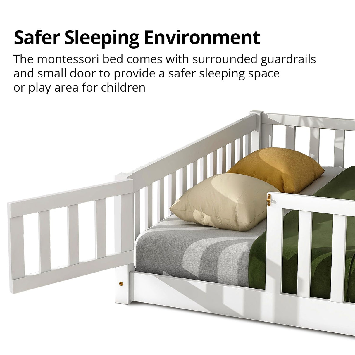Durable Montessori Full Floor Bed with Safety Fence & Door for Kids in White LLS