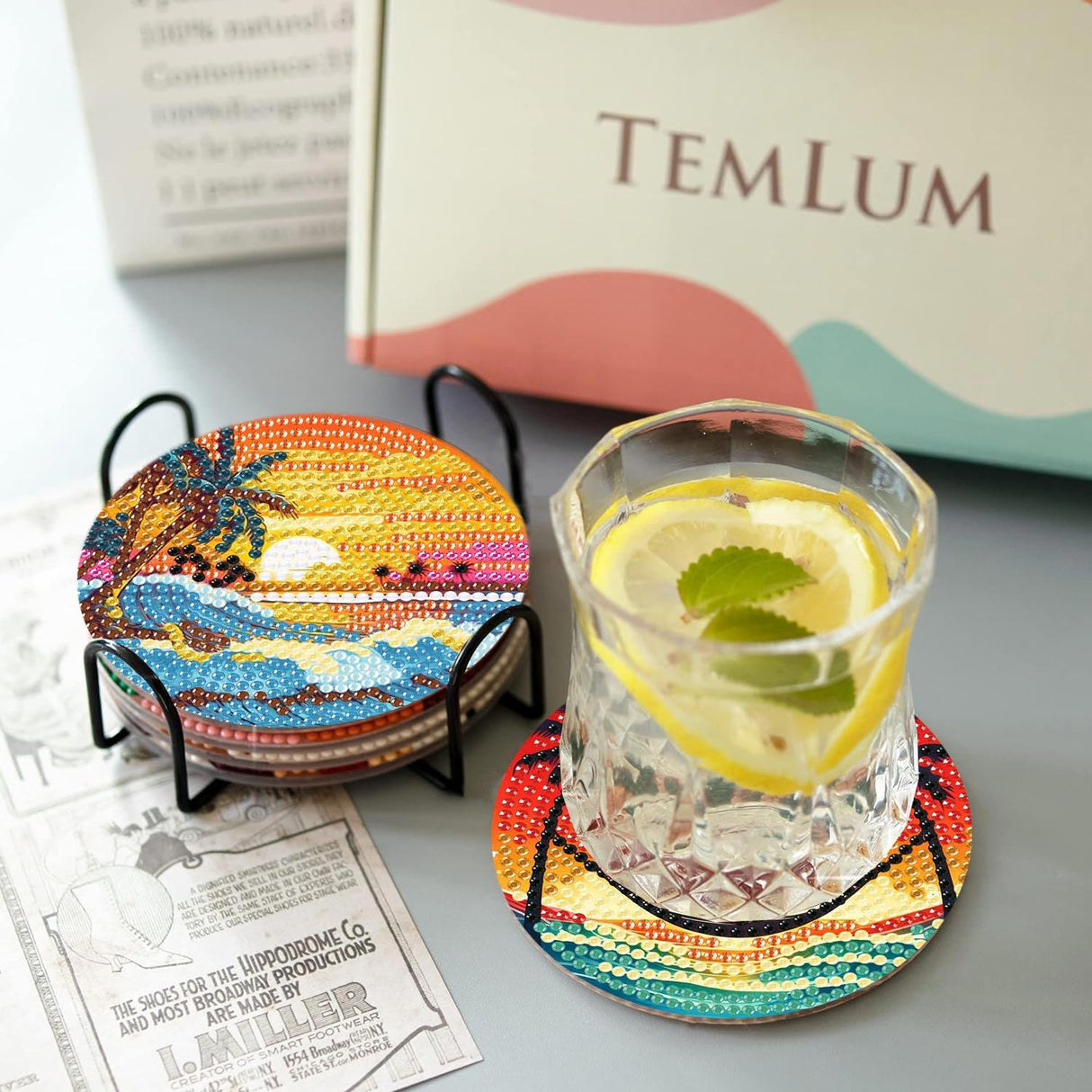 CAMOYAI 8 pcs Beach Diamond Art Coasters Kits with Holder, DIY Landscape Diamond Painting Coasters,Diamond Art Kits for Adults Beginners CAMOYAI