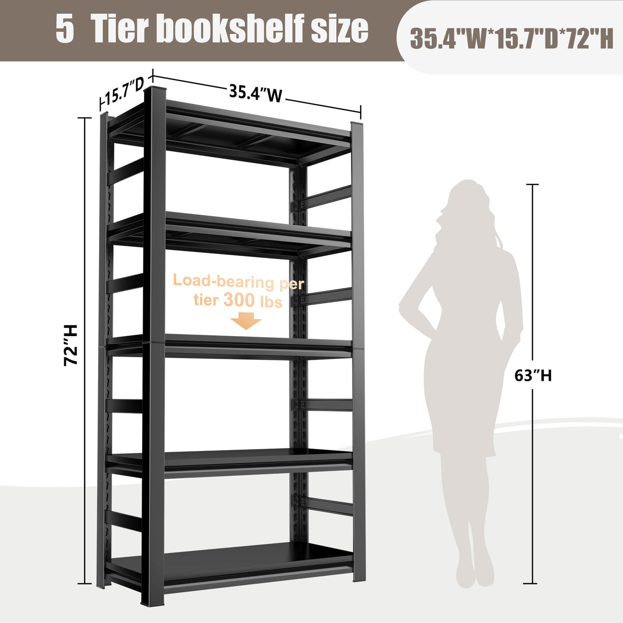 72" H Industrial Bookshelf&Bookcase, 5 Tier Adjustable Tall Book Shelves, Freestanding Modern Display Shelf Units, Metal Open Storage Shelving Organizer for CD/Movie/Book, Space Saving(Black) Metallitrend