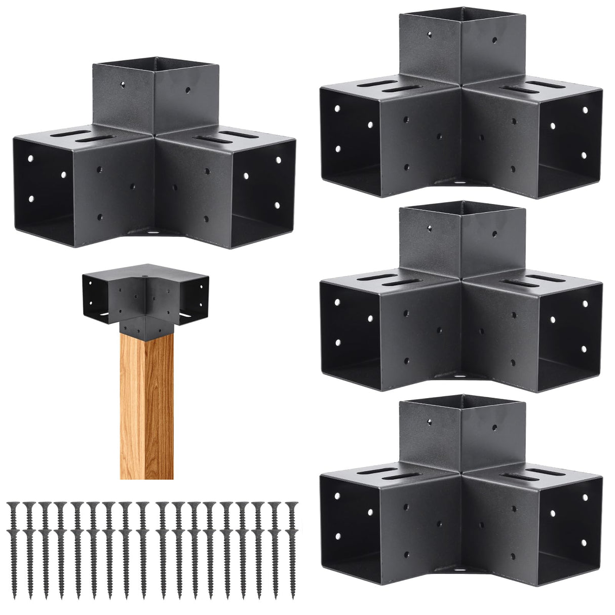 4 Pcs Pergola Bracket,Pergola Kit 3-Way Right Angle Corner Bracket with Black Powder Coated,Woodwork DIY Pergola Kit & Post Base Brackets for Gazebos, Patio Pergolas(Actual: 3.5"x3.5") Nrspp