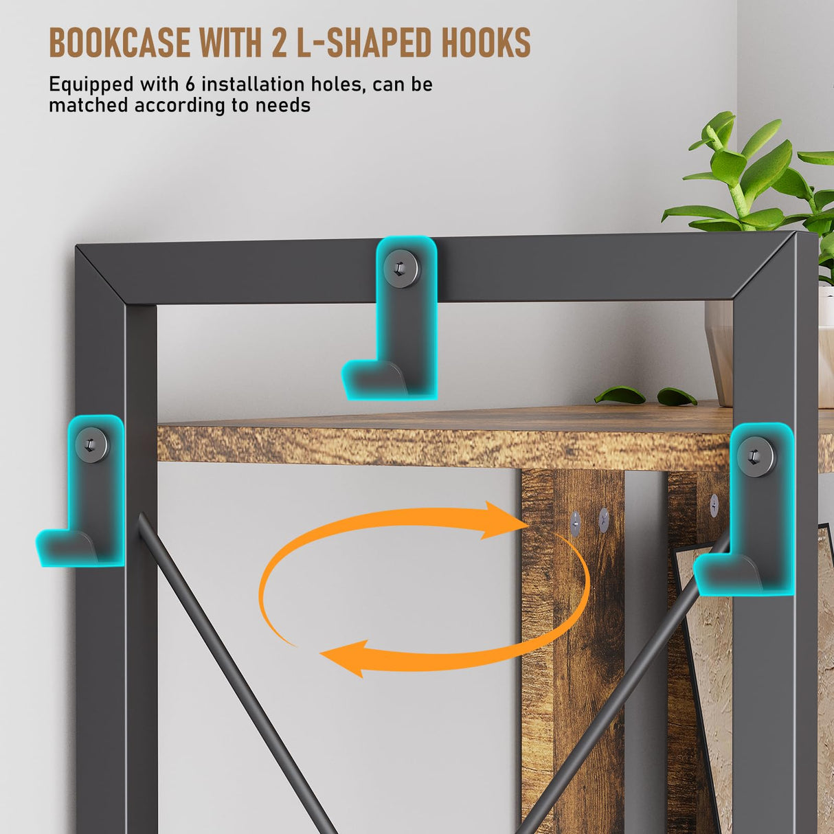 EDWINENE 4 Tier Corner Bookshelf, Industrial l Shaped Bookshelf with Metal Frame, Tall Corner Shelf Stand with 2 Hooks for Living Room, Bedroom, Home Office, Rustic Brown EDWINENE